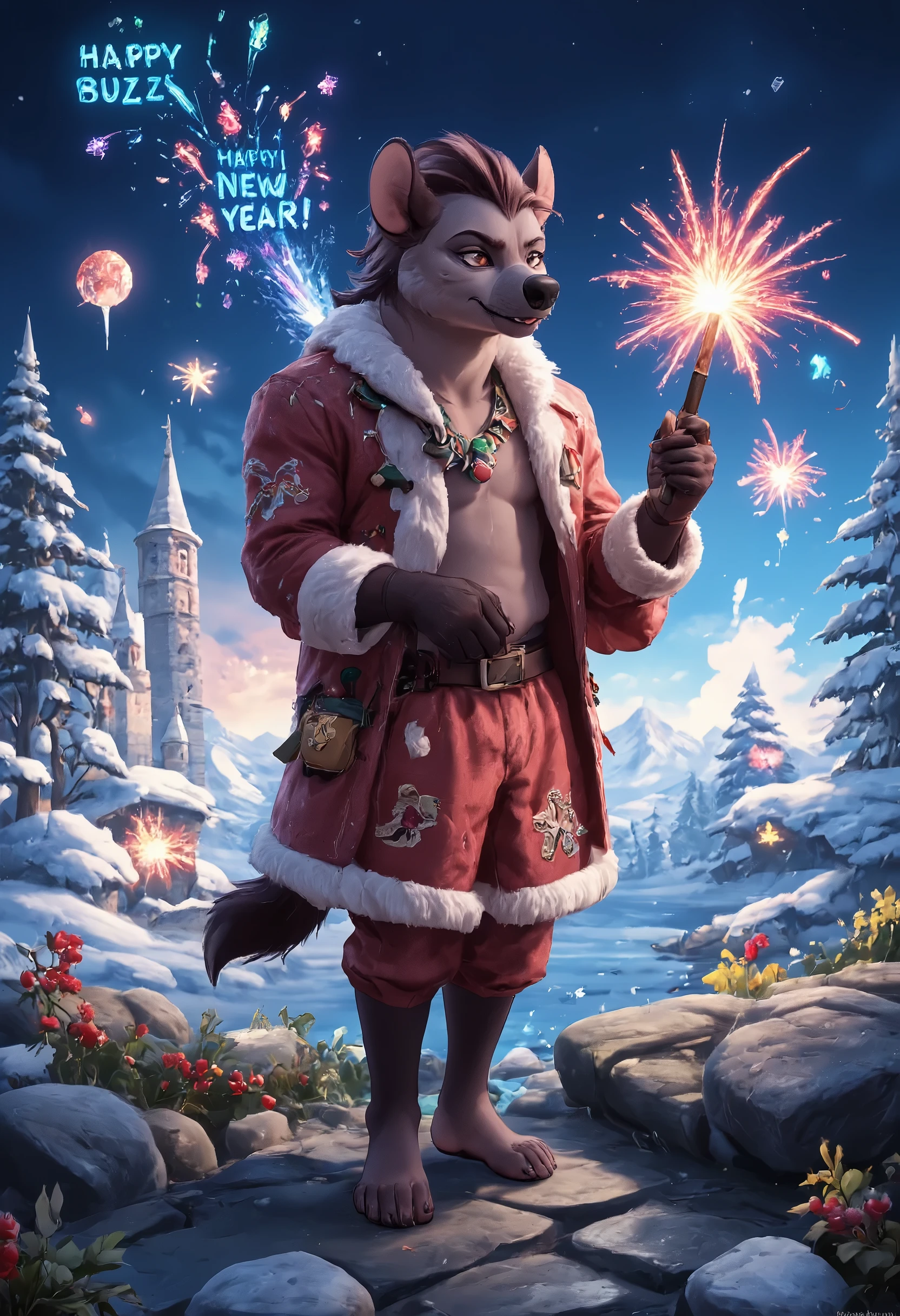 Photograph of handsome antropomorphic hyena girl ((Jasiri)) dressed in a Christmas clothes. score_9, score_8_up, score_7_up,
Jasiri, anthro hyena girl, full body, barefoot young hyena boy, christmas outfit, winter clothes, pants, fluffy_new_year, setting fireworks on the garden. A text bubble that reads "Happy BUZZ year!" 