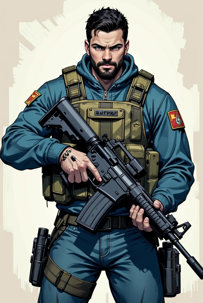 A **soldier character** wearing a **bulletproof vest with visible bullet holes**, holding a **modern assault rifle** confidently across his chest. The soldier has **short black hair and a beard**, with a **calm but determined expression**. His tactical gear includes **shoulder patches** and a **belt with additional ammunition**. The design features a **comic book style**, with bold black outlines and a minimalistic color palette of **blue, gray, and black**. The background is a **blank or lightly textured canvas**, focusing all attention on the character. The overall aesthetic blends elements of **modern tactical gear**, **comic book stylization**, and **minimalistic color choices** to emphasize the character's presence. **(soldier character, bulletproof vest, assault rifle, comic book style, blue and gray color scheme, bold outlines, tactical gear, modern military)**.