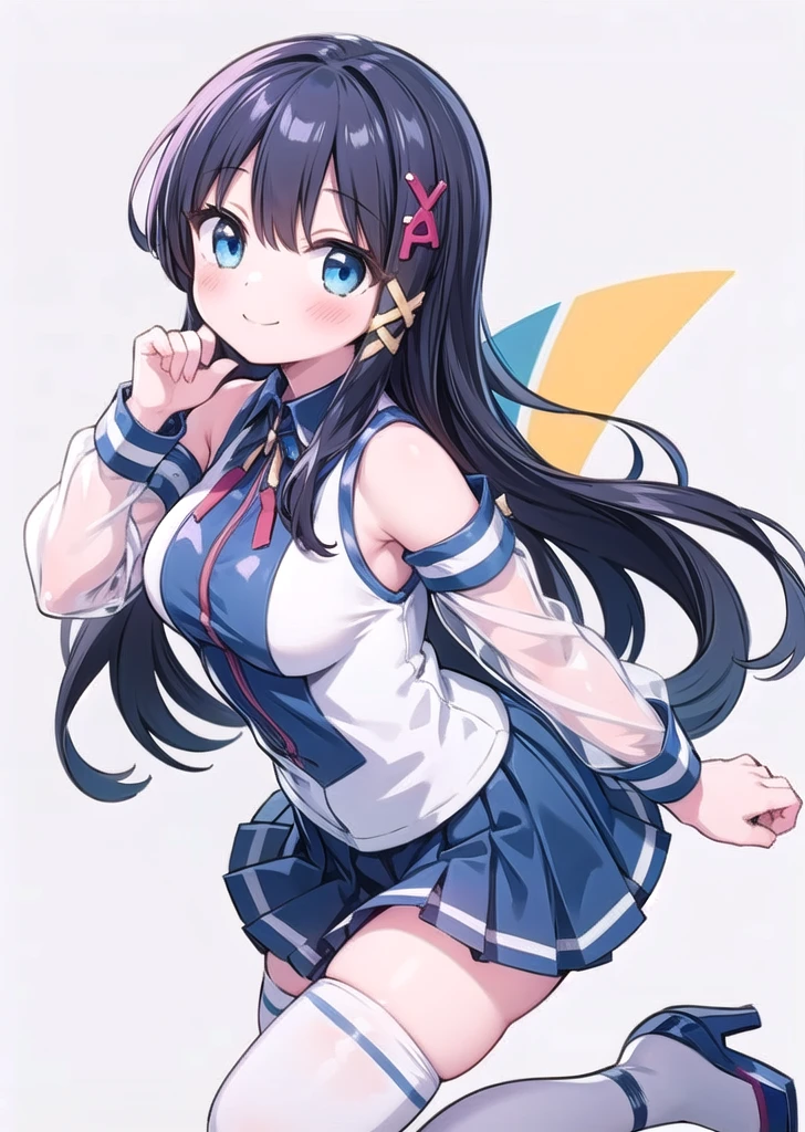 1girl, solo, masterpiece, best quality, good hands, smile, blush, closed mouth, xp-tan, xp hair ornament, detached sleeves, blue skirt, thighhighs, black hair, very long hair, miniskirt, pleated skirt, bare shoulders, collared shirt, zettai ryouiki, white thighhighs, blue eyes