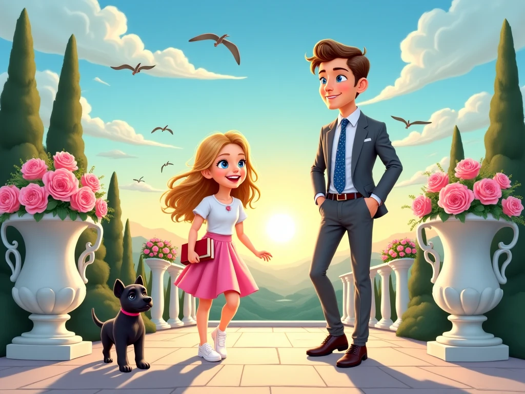 Blue sky, some white clouds, flying birds, sunset. Terrace of elegant mansion with big vases with pink and white roses. cypresses and pines.
foreground:
1 girl: English girl (Susanne Right) fair skin, long golden hair, blue eyes, laughing, looking at camera, slim body, pink skirt, white blouse, white girl's shoes, running next to a black-coated Scottish terrier puppy.
background:
1 man, 30s, very handsome, looking at girl, smiling, brown hair with gray at temples, blue eyes, tall, broad shoulders, elegant gray suit, blue tie with white polka dots, standing, legs wide open, athletic body, red book in left hand, right hand in crotch of pants, black leather shoes,