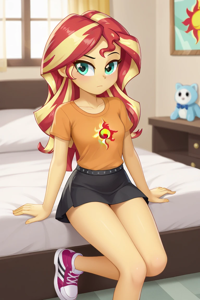 score_9, score_8_up, score_7_up BREAKSambaNekoStyle, sunset shimmer,pestil, painterly hair, sharp contrasts, ,Sunset shimmerEQG, red hair , green eyes, yellow skin, equestria girl. Hasbro. Sunset Shimmer. Big . Bedroom. Mini skirt.  1girl, solo, red sneakers, orange shirt 