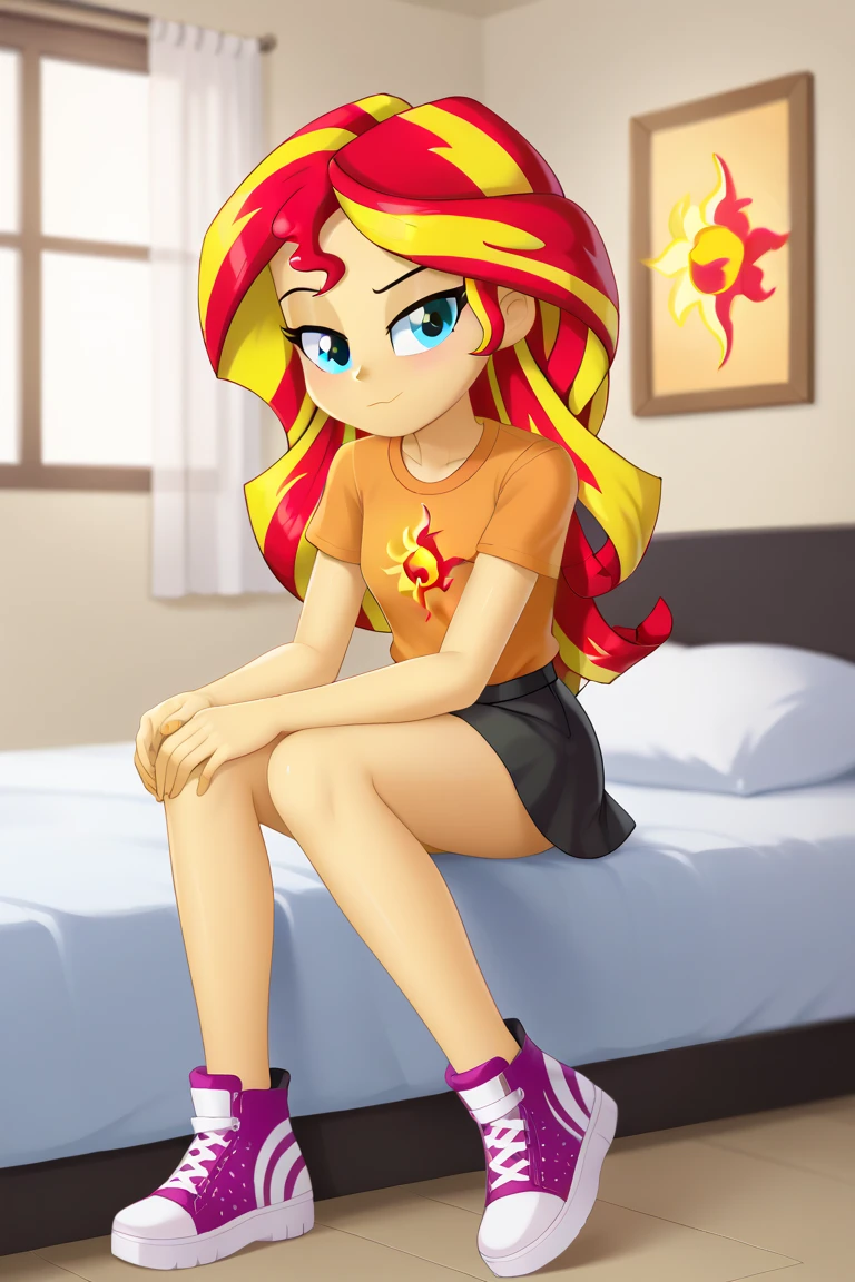 score_9, score_8_up, score_7_up, score_6_up, score_5_up, score_4_up, background sunset apartment, bedroom, sunset shimmer, equestria girls, cute, romantic, bedroom eyes, breasts, bra, female, sexy, bend over, looking back, looking at viewer, beautiful, panties, upskirt, skirt lift, shirt lift, cartoon, vector, show accurate, blushing, male pov, Sunset sticks her ass out, shapely ass, thongs panties, bikini. Male POV has a very huge and big tent in his pants, erection bulge in pants, evil grin, evil smile