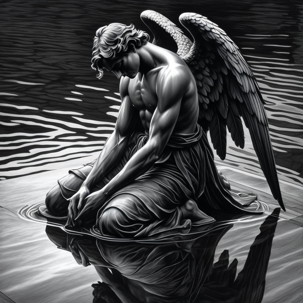 black pencil shading, charcoal drawing, tinted paper, pencil drawing, brutal dark b/w color scheme,
Poster, close up, full length, shadow art. masterpiece, RAW photograpyh,the Fallen Angel on his knees praying, water reflection on the floor,a big scary statue,pessimistic atmosphere,perfect ligthing,