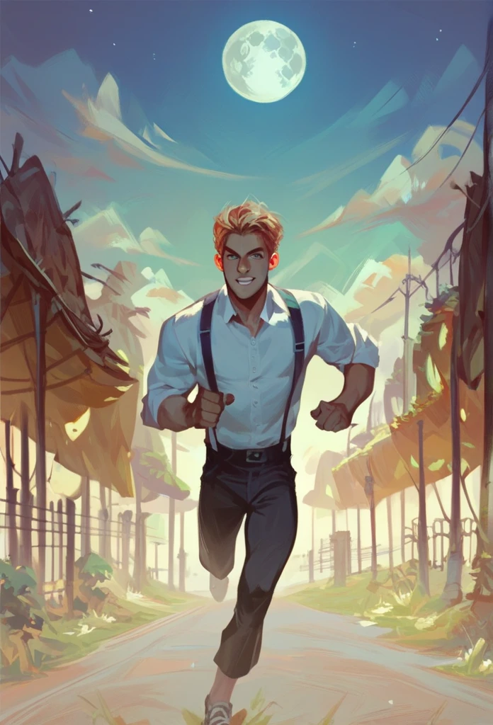  brown-haired man. Wearing white dress shirt and black dress pants with suspenders. running. two. night. moon in the sky. Alone. 