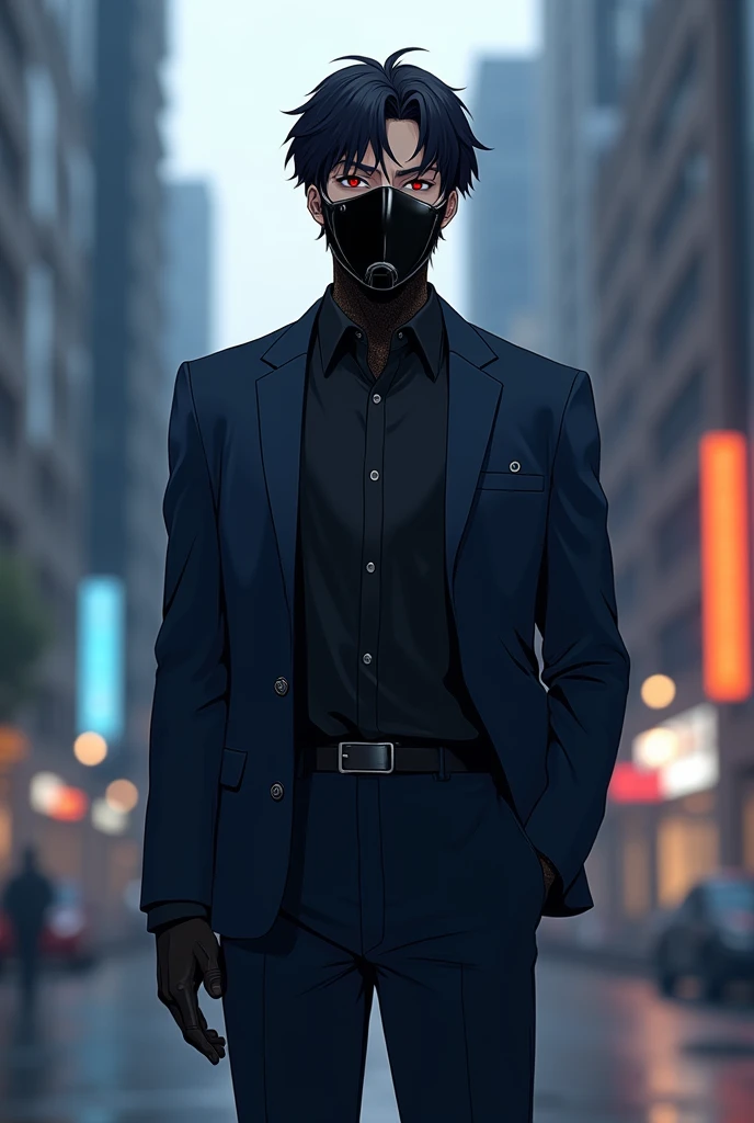 Anime Man with Messy Laid-back Black Hair, Dark Brown Eyes, Light Brown Skin, Athletic Body and Broad Shoulders.
Wearing a Black Mask on Face, Sliver Metallic Watch on Wrist, Black Suit with a White T-shirt Underneath and Black Jeans, Black Sneakers.