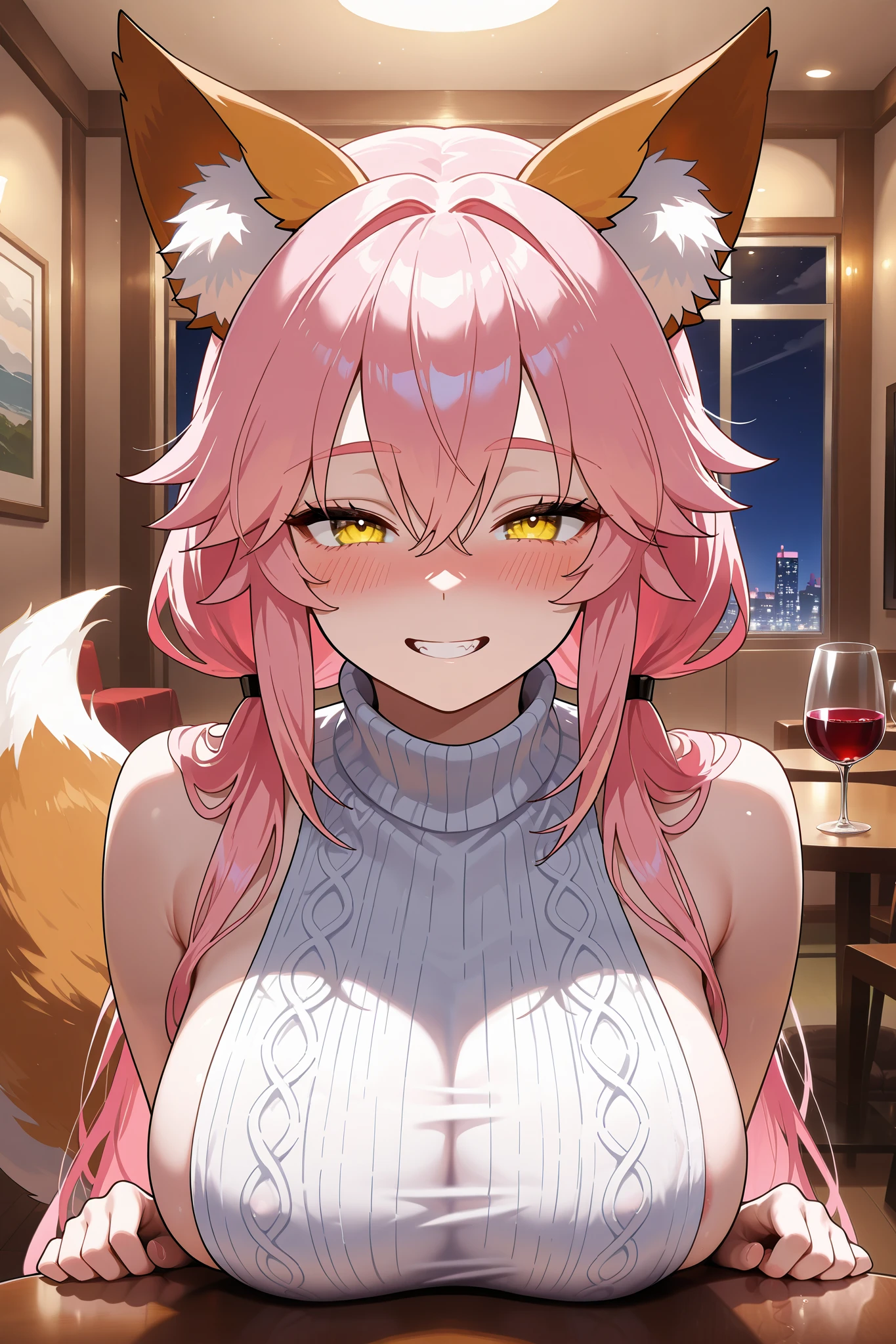 NSFW,masterpiece, top quality, high definition, very detailed,Tamamo、 pink hair、 hair between eyes 、 side lock、 short twin tail 、 yellow eyes、 Beast Ears、Fox Ears、 Fox Tail ,Married Woman, turtleneck sweater, sleeveless,Sideboob,Living room at night, DINING TABLE,Alcohol,wine, drunk,blush