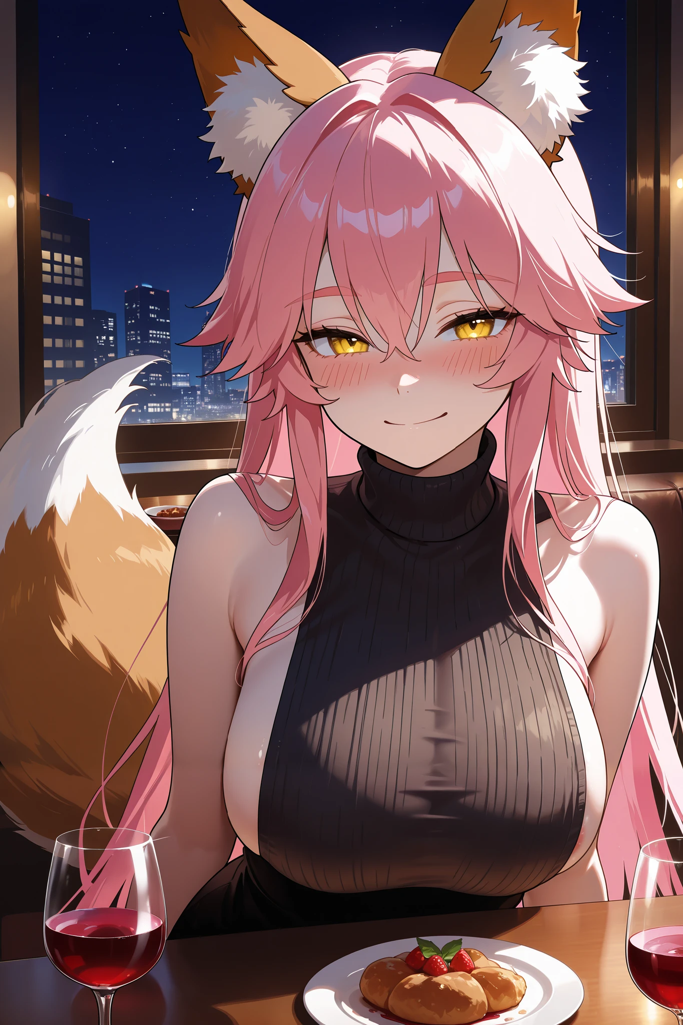 NSFW,masterpiece, top quality, high definition, very detailed,Tamamo、 pink hair、 hair between eyes 、 side lock、 short twin tail 、 yellow eyes、 Beast Ears、Fox Ears、 Fox Tail ,Married Woman, turtleneck sweater, sleeveless,Sideboob,Living room at night, DINING TABLE,Alcohol,wine, drunk,blush