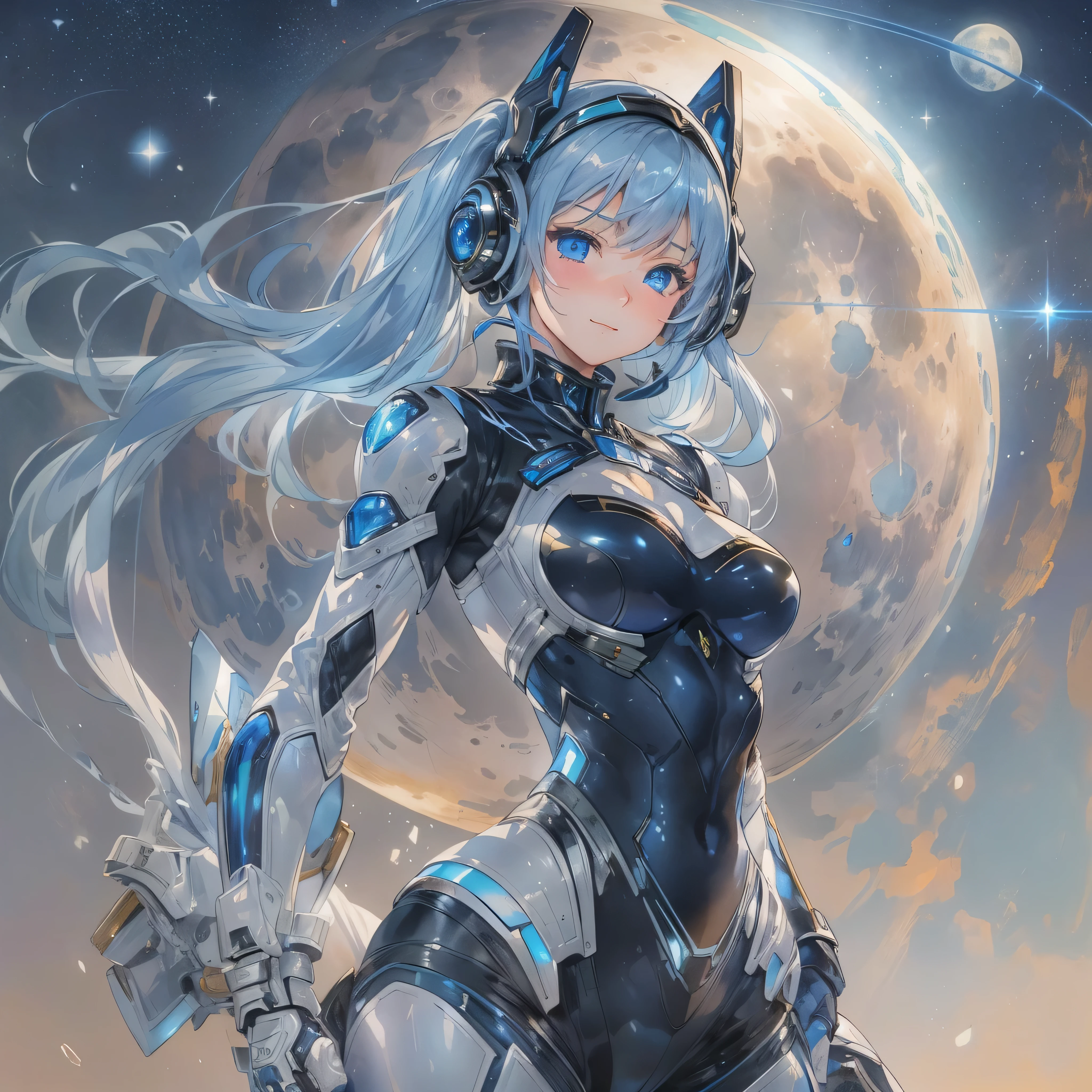 masterpiece、top-quality、ultra-detailliert、very detailed illustration、ighly detailed、intricate-detail、hight resolution、super complex detailtremely detailed 8k CG wallpaper、Full body shot、Caustics、Reflectors、Ray traching、(1 persons:1.5)、独奏、mecha musume、Mechanical parts、Robot joints、Complex mecha bodysuits、Super long hair、(Gentle smile:1.5)、beautiful countenance、A detailed face、perfectly proportioneautiful waist、Navel、big butts、Neat and neat buttocks of round shape,、Crotch gap、Large Thigh、clong legs、white hair、hairs between eyes、O cabelo multicolorido、Inner hair color、red eyes、Luminous Eyes、(randome pose、dynamicposes,:1.2)、(The background is outer space、stele、planet earth、a moon,) --auto --s2