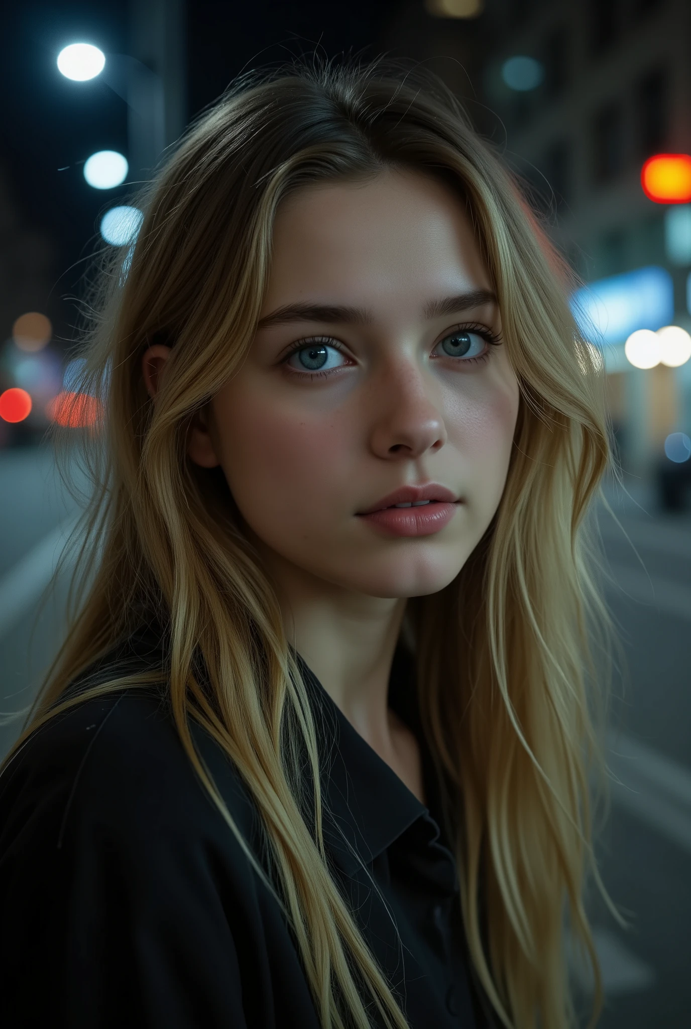  Generate an image of a young white girl,  long wavy hair , natural beauty, without makeup,  clear eyes. She's in a city at night , there is little lighting, Cinematic and realistic image 