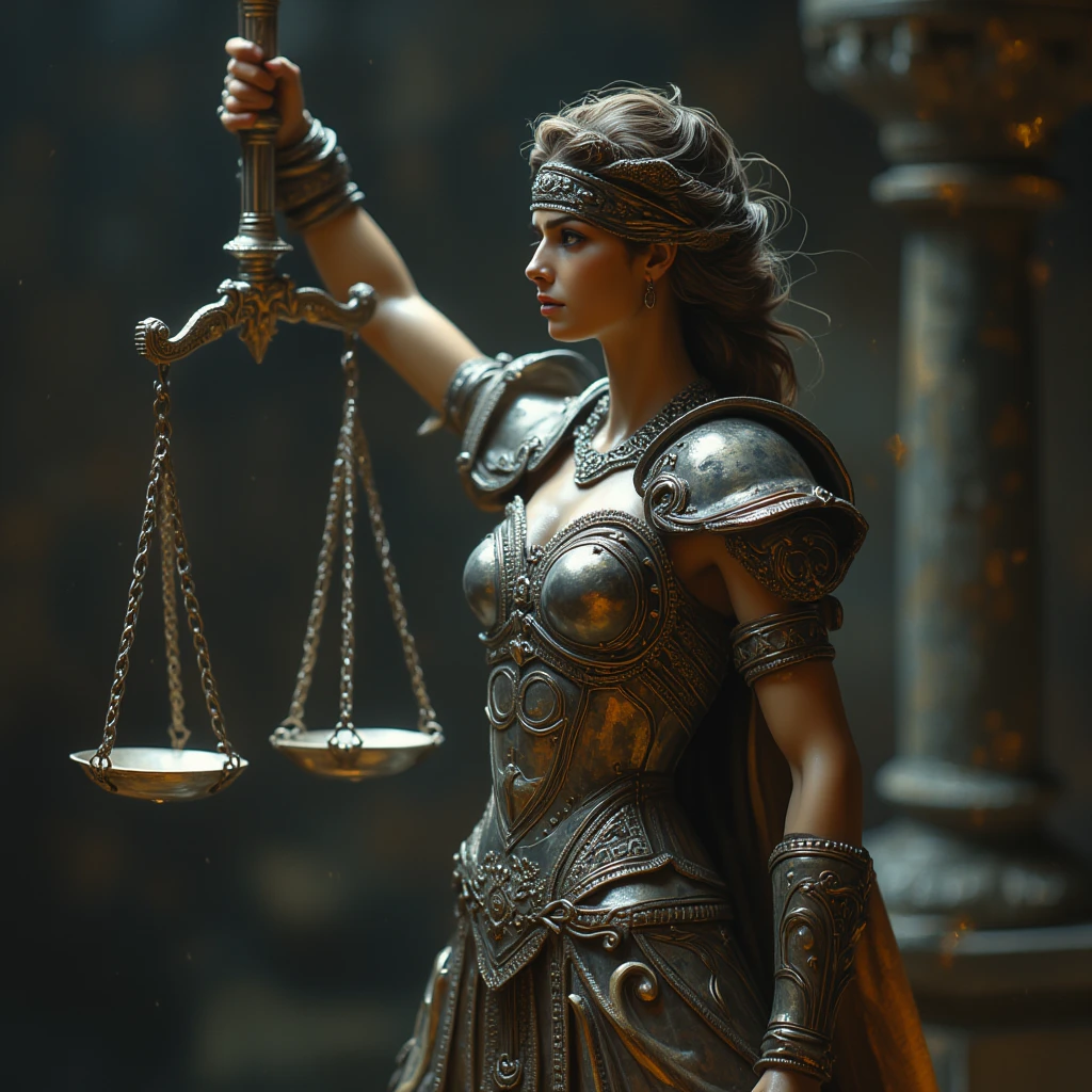 Lady Justice in a curass holds a silvery sword in her right hand, high above her head and a libra in het left hand, waist high. She wears a blindfold