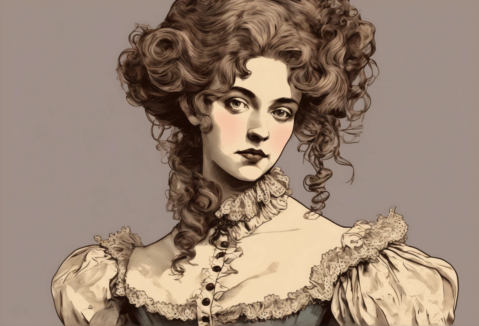 A harlot of revolutionary france with victorian aesthetic inspirations. The character has exaggerated yet elegant features, wearing a tattered yet ornate Victorian dress with lace, corset details, and frayed edges. Her hair is styled in loose, elaborate curls, and she carries an air of charm and resilience. The harlot is isolated on a blank background for clarity, with bold lines, clean textures, and a painterly style emphasizing a dramatic, immersive aesthetic.