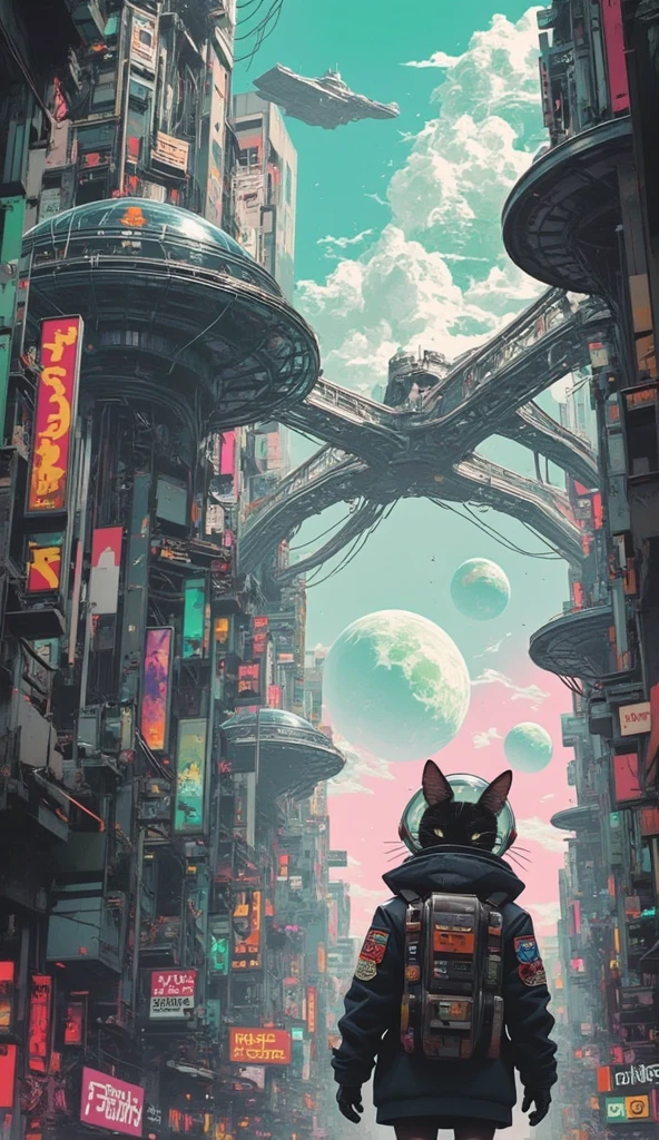 An anime-style scene in a futuristic, cityscape viewed from a very low angle, looking up at the towering, futuristic buildings. The buildings feature surreal elegant structures with futuristic technology. Overhead, there are interconnected bridges and wires stretching across the sky, which is bright with soft clouds. Among the tall buildings, at the bottom right corner of the image stands a cat girl wearing a jetpack and a jacket adorned with patches with fishbowl helmet, with her back to the viewer. She gazes upward in awe, overwhelmed by the towering structures. In the pink sky, there is a giant spaceship, and a giant planet that looks like star wars' death star. The scene is full of vibrant colors and detailed line work, typical of anime-inspired art.