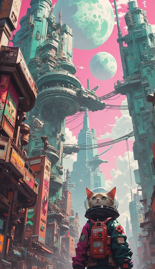 An anime-style scene in a futuristic, cityscape viewed from a very low angle, looking up at the towering, futuristic buildings. The buildings feature surreal elegant structures with futuristic technology. Overhead, there are interconnected bridges and wires stretching across the sky, which is bright with soft clouds. Among the tall buildings, at the bottom right corner of the image stands a cat girl wearing a jetpack and a jacket adorned with patches with fishbowl helmet, with her back to the viewer. She gazes upward in awe, overwhelmed by the towering structures. In the pink sky, there is a giant spaceship, and a giant planet that looks like star wars' death star. The scene is full of vibrant colors and detailed line work, typical of anime-inspired art.