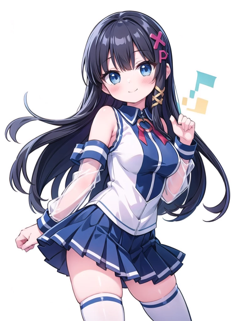 1girl, solo, masterpiece, best quality, good hands, smile, blush, closed mouth, xp-tan, xp hair ornament, detached sleeves, blue skirt, thighhighs, black hair, very long hair, miniskirt, pleated skirt, bare shoulders, collared shirt, zettai ryouiki, white thighhighs, blue eyes