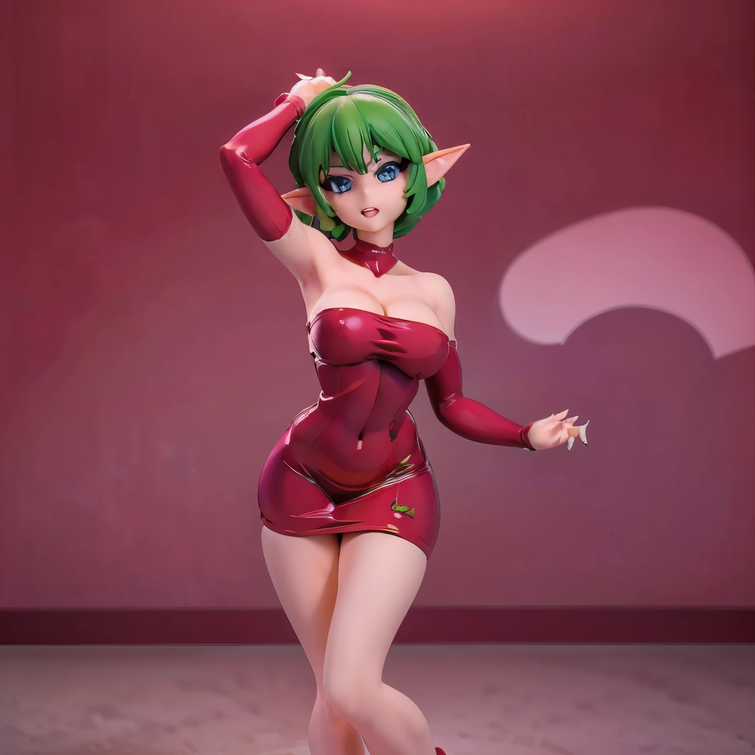  (( masterpiece, better quality,Ultra delicate,Perfect face,16K, high resolution,very pretty girl)),Medium Short Green Hair ,  seductive pose, Strapless Red Bodycon Tube Dress , Long Sleeves Red , high red heels ,Elf girl,Blue eyes, beautiful smile,20 years