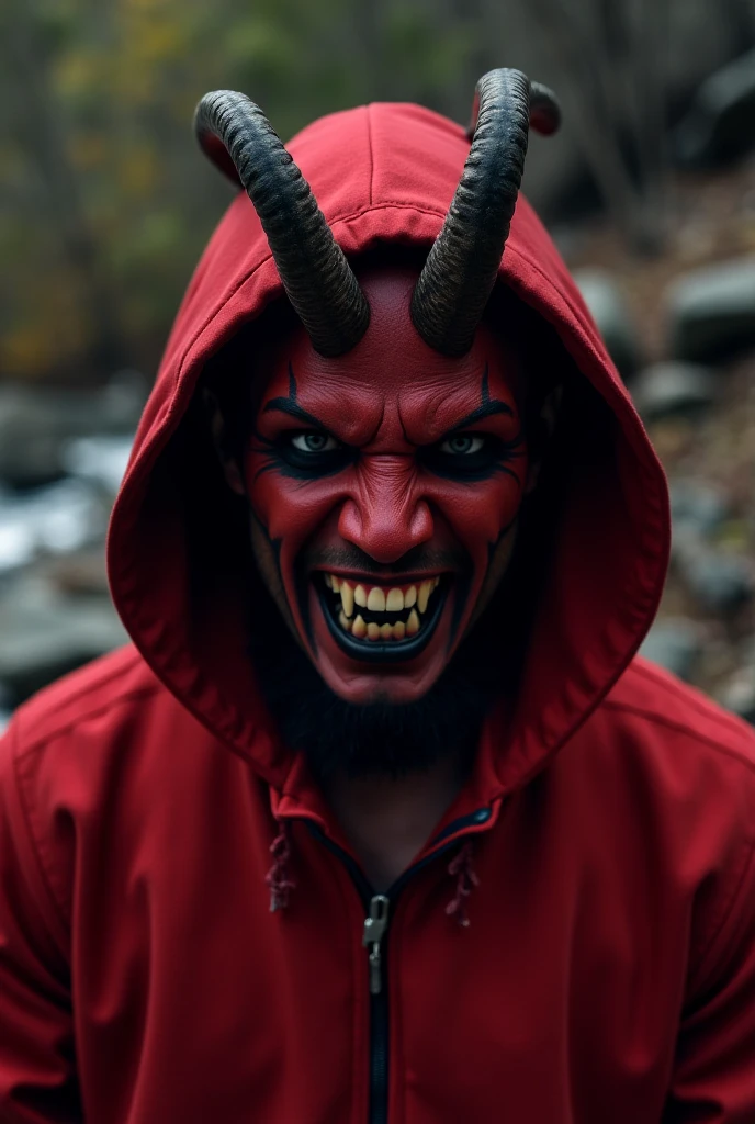 arafed woman in a red hoodie with horns and a demon face, villain wearing a red oni mask, fit male demon with white horns, demon woman, | demonic | horror themed, demonic creature, ron desantis as satan, demon girl, beautiful male god of death, demon samurai, wearing cultist red robe, scary horrifying satanic rituals, red horns
