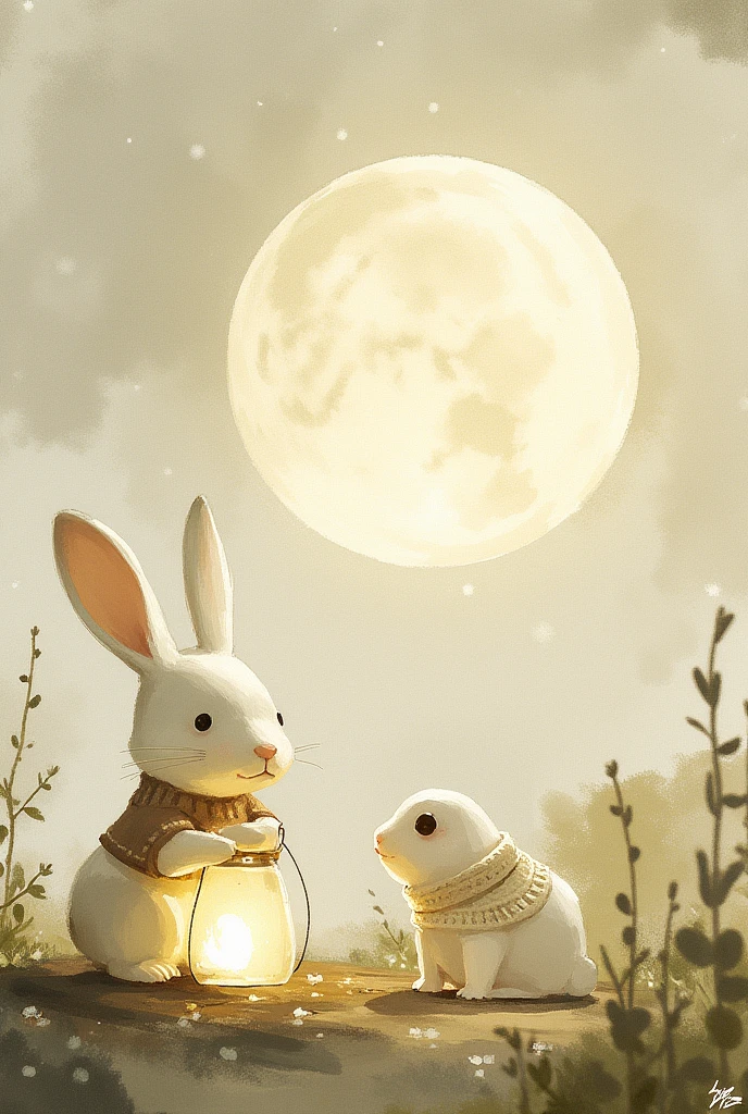 monochrome,Watercolor ,  A big full moon with small ears and a cute white rabbit wearing a small sweater and holding a surrealist glowing lantern