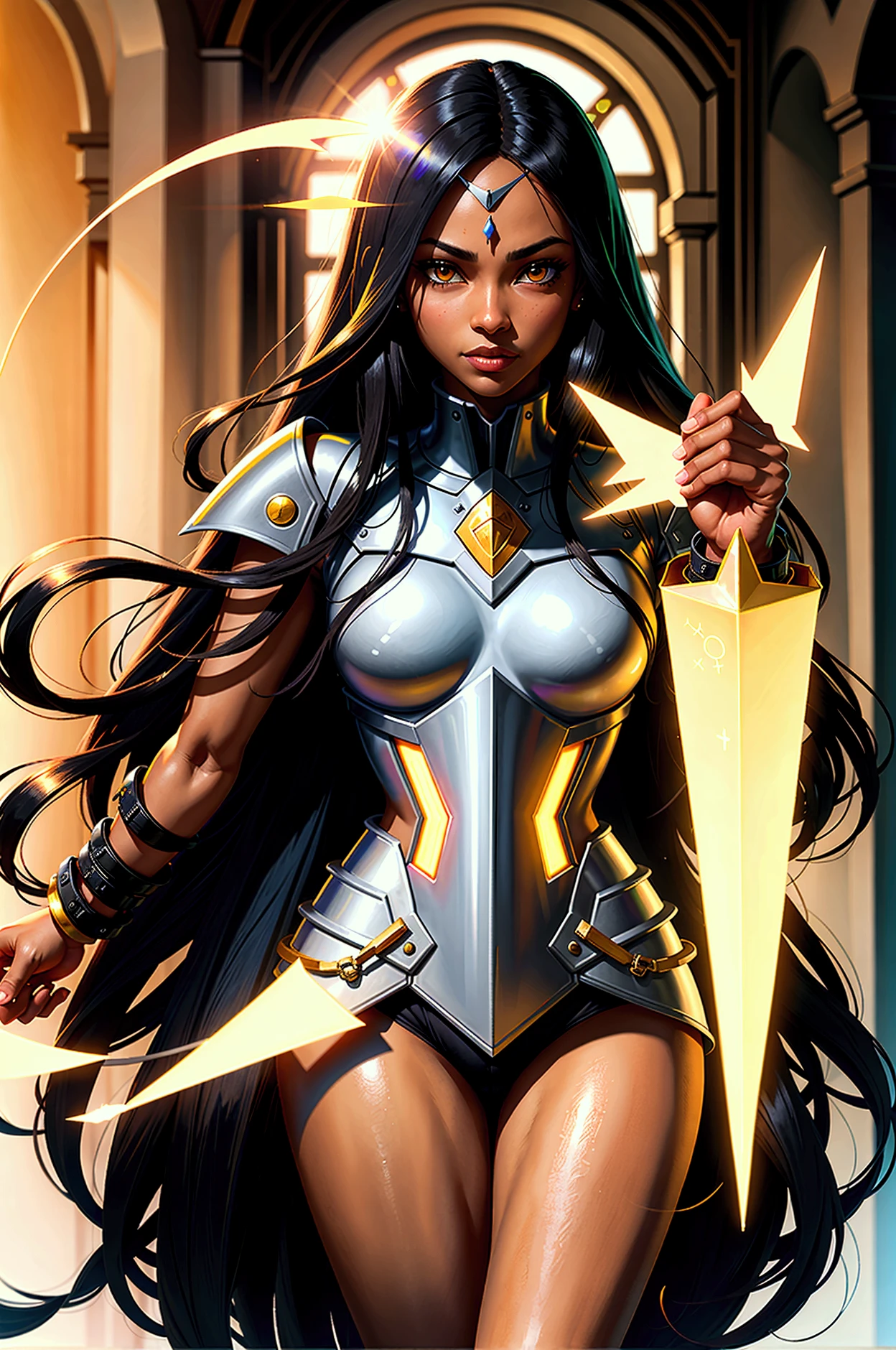 Monica Rambeau a.k.a. Photon, comic accurate black and white costume, african girl black skin, combat stance, highly detailed, vibrant appearance, creative behavior, extremly detailed, imaginative, sensual, spontaneous, small breasts, sexi, revealing, highest quality, skin texture, intricate details, (cinematic lighting), RAW photo, 8k, masterpiece,best quality,ultra-detailed,very detailed illustrations,extremely detailed,intricate details,highres,super complex details,extremely detailed 8k cg wallpaper,