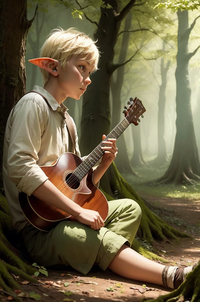 one person,  boy, Forest Gnome, sitting under a tree in a forest, playing an instrument:1.5, white skin, blonde hair, elf ears