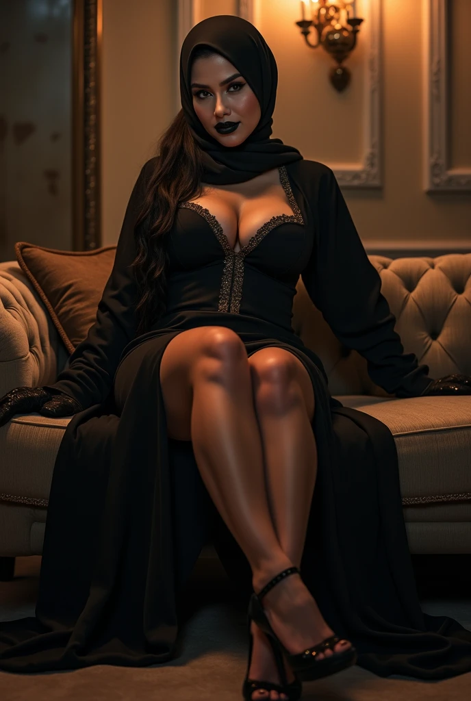 4k, high quality, nice lighting, soft lighting, realistic,  dark eyes, sexy, big breasts, thick thighs, wide hips, muscular, malaysian dress, Jewelry, sexy lady, asian, hijab, sexy pose, showing big thighs, nice body, natural largest breast