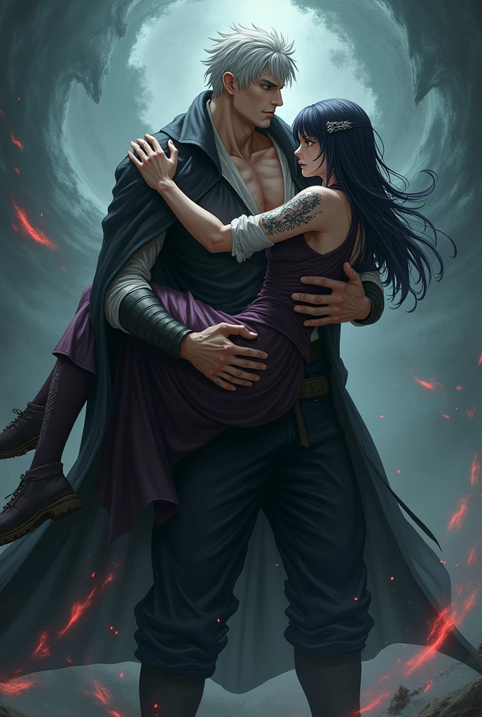 The image is anime style cowboy bebop and Darker than black with shadows and dim lights, anime style although somewhat adult and dark, It shows a man with medium-length black hair wearing a cape, Thin build wearing a white and blue theatre mask of the smiling Melpomene or Thalia type, that does not allow his face to be seen, in a side pose with his cape billowing forward; With both arms he carries an adult female angel with very long hair, de piel gray, gray, con tatuajes de letras hebreas en rojo y piel de color gray desmayada, asleep, that has eight wings, whose head, hanging, like your feet. It looks ominous. Anime style white wall in the background, white rock debris everywhere. La piel de la mujer es color gray y solo la mujer tiene muchas alas enormes