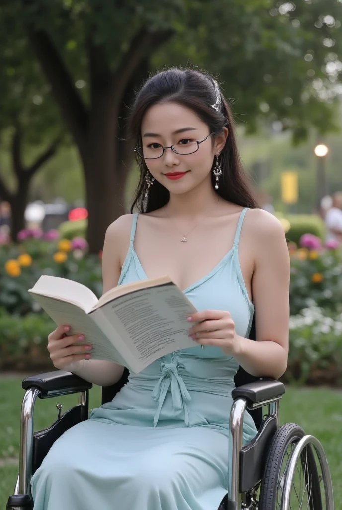  Beautiful woman in a wheelchair ，Noble and generous ， Friendly and charming smile ,  Innocent expression of the girl next door， Very delicate eyes ，Wearing glasses，， necklace，（（（Hair accessories）））， white long dress、 Reading under a tree ，（（（There are many flowers around）））（（ best quality））， （（ intricate details ））， （（ Surrealism ））（8K）