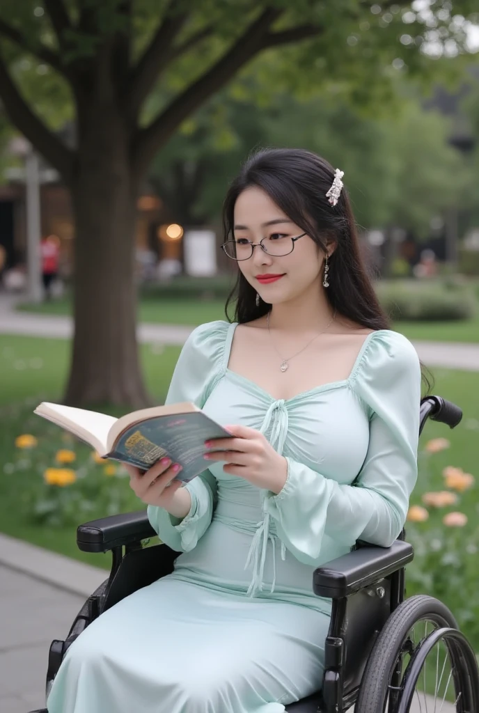  Beautiful woman in a wheelchair ，Noble and generous ， Friendly and charming smile ,  Innocent expression of the girl next door， Very delicate eyes ，Wearing glasses，， necklace，（（（Hair accessories）））， white long dress、 Reading under a tree ，（（（There are many flowers around）））（（ best quality））， （（ intricate details ））， （（ Surrealism ））（8K）