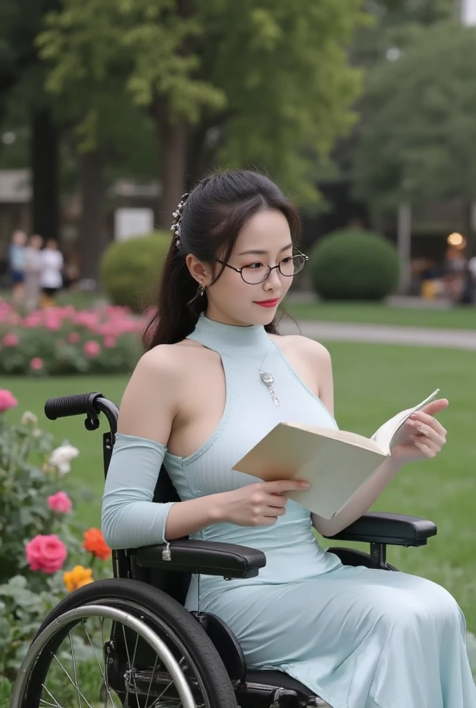  Beautiful woman in a wheelchair ，Noble and generous ， Friendly and charming smile ,  Innocent expression of the girl next door， Very delicate eyes ，Wearing glasses，， necklace，（（（Hair accessories）））， white long dress、 Reading under a tree ，（（（There are many flowers around）））（（ best quality））， （（ intricate details ））， （（ Surrealism ））（8K）