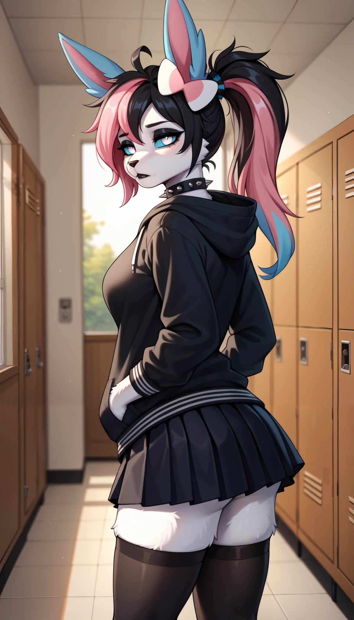 score_9, score_8_up, score_7_up, source_anime, source_furry, (beautiful, detailed background, digital artwork, digital art, well shaded artwork, depth, detailed artwork)1.2, 1girl, female, furry, anthro, Sylveon, school setting, school hallway, locker, medium breasts, natural breasts, thighs, black hair, (pink highlights), long hair, messy hair, white eyes, cyan sclera, black oversize hoodie, (black stockings with white stripes), black spiked wristband, black spiked choker, black skirt, emo girl, tired eyes, depressed, black eyeshadow, black lips, ponytail, sunset, hands in both pockets, looking at the viewer, head tilt, indifferent, apathetic expression, half-closed eyes, from behind