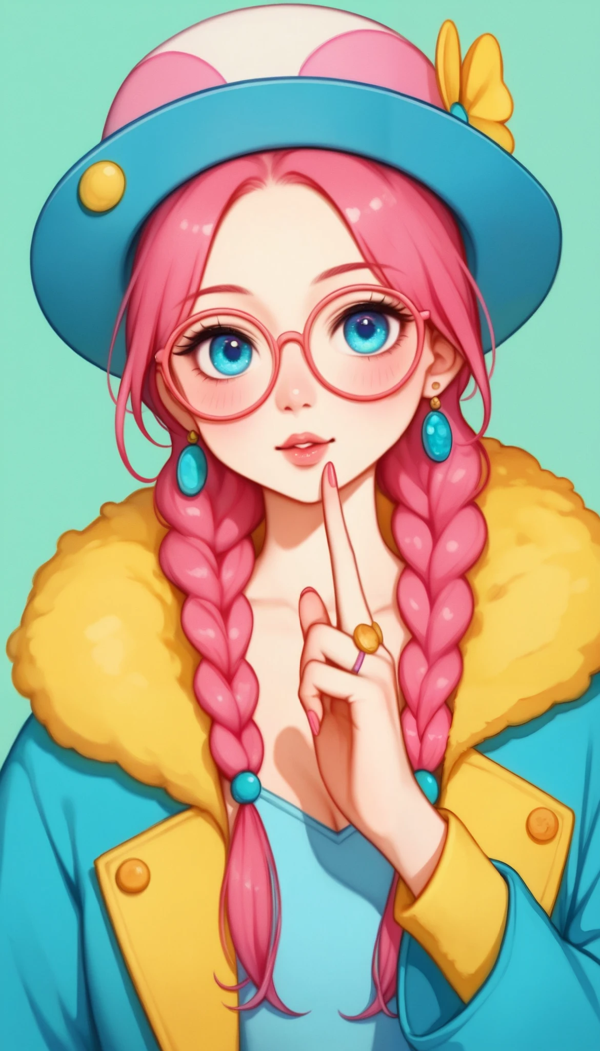   Close-up of a person wearing a hat with pink sequins and bright glasses and round colored glasses She wears her index fingers close to her mouth,  Put your lips as if you were going to kiss painted with pink glitter   ,   on her fingers she wears rings she wears a yellow fur coat  ,  earrings with panda bears  ,  she wears disheveled bangs and two twin braids on the sides of her shoulders  ,   her eyes wide open beautiful and tender cyan she is European  , olive green background   .,   digital art inspired by Yanjun Cheng   , tumblr, arte digital,   beautiful artistic style  , Realistic kawaii portrait  ,  beautiful digital art , lindo colorido adorable,   artwork in the style of Guweiz   , Cute cartoon style , arte digital detallado y lindo , guweiz,   realistic painting of a pretty girl   , linda girl cute  ,  Beautiful cartoon ,   beautiful artistic style  .   fantasy art,   watercolor painting  :1.5