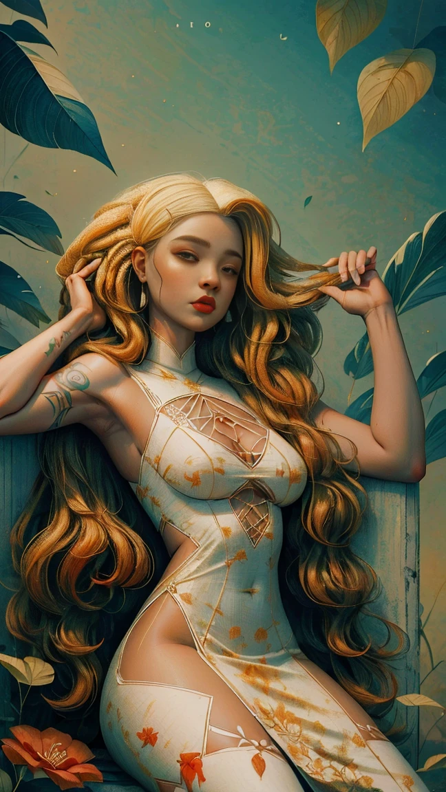 ankymoore, visão de baixo pra cima, 1rapper with dread hair with tattoos, white and red sexy clothes(cameltoe), graffitti background, (masterpiece), (best quality:1.2), absurdres, intricate details, flowers, leaves, roots