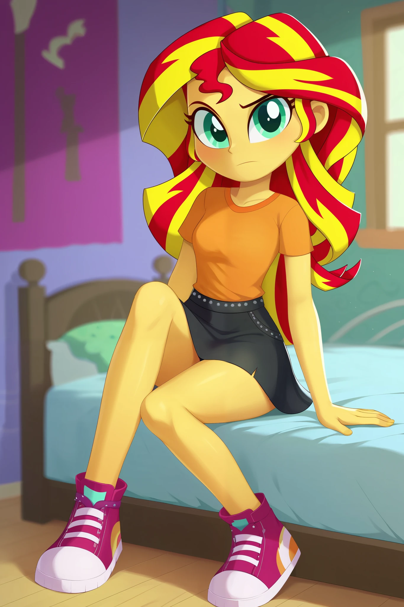 score_9, score_8_up, score_7_up BREAKSambaNekoStyle, sunset shimmer,pestil, painterly hair, sharp contrasts, ,Sunset shimmerEQG, red hair , green eyes, yellow skin, equestria girl. Hasbro. Sunset Shimmer. Big . Bedroom. Mini skirt.  1girl, solo, red sneakers, orange shirt 