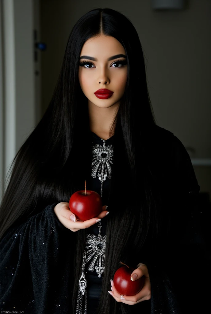  girl, black long hair，black queen，Accessories， apple in hand ，Poison apples，witch queen，red lipstick 