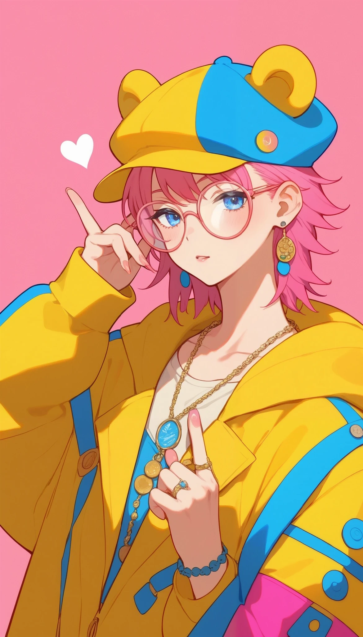   a person wearing a bear hat and soft, round pink glasses has his index fingers close to his mouth,   he puts his lips as if he were going to kiss  ,   on his fingers he wears rings he wears a pink fur coat  , earrings with bears  ,   wears disheveled bangs  ,   her eyes wide open beautiful and tender  ,  pink background .,   vector art by Yamagata Hiro  ,  Trend in CG  , esteticismo, in blue and yellow clothes, anime   full body illustration  ,   full body illustration  , some   yellow and blue ,   illustration style ,   yellow and blue , yellow clothes, Phone background, y2k style, y2k style,  beautiful artistic style 