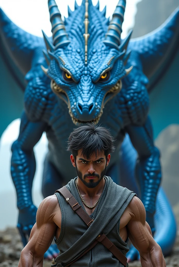 A distant image, de una dragona grande azul y de lante un hombre muscular sin camisa, Tanned, muscular, Dark brown hair, very pretty, with a white scar on the left eye, Brown eyes, big and strong, in the background the cloudy sky