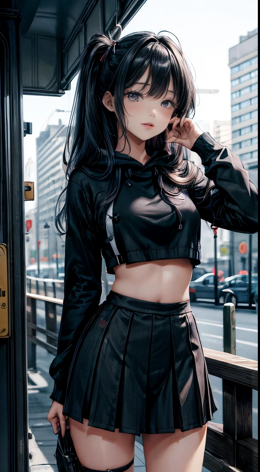 (masterpiece), (best quality:1.1), (ultra-detailed:1.1), (extremely delicate and beautiful), (best irritability:1.2) One girl at night, black hair,uniquement le haut du corps visible, main avec cinq doigts ,ong hair, long bangs, blue inner hair color, sien moyen, oversized hoodie, night, rural, old bus stop under dim light, high quality, integralement recouverte par une combinaison de plongée noir
