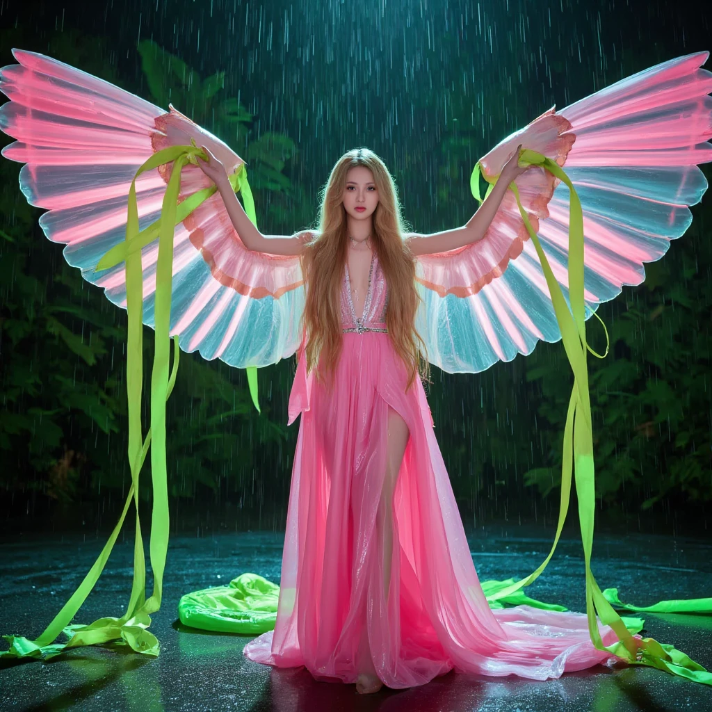 Beautiful -yeld wo with long and golden hair. Long and flowing neon iridescent pink dress. With long green neon ribbons that seem to envelop her. Wings of a majestic dark angel, as beautiful as she is, the rain pours torrentially, soaking the beautiful angel and revealing her transparent dress that hugs her perfect sculptural figure.