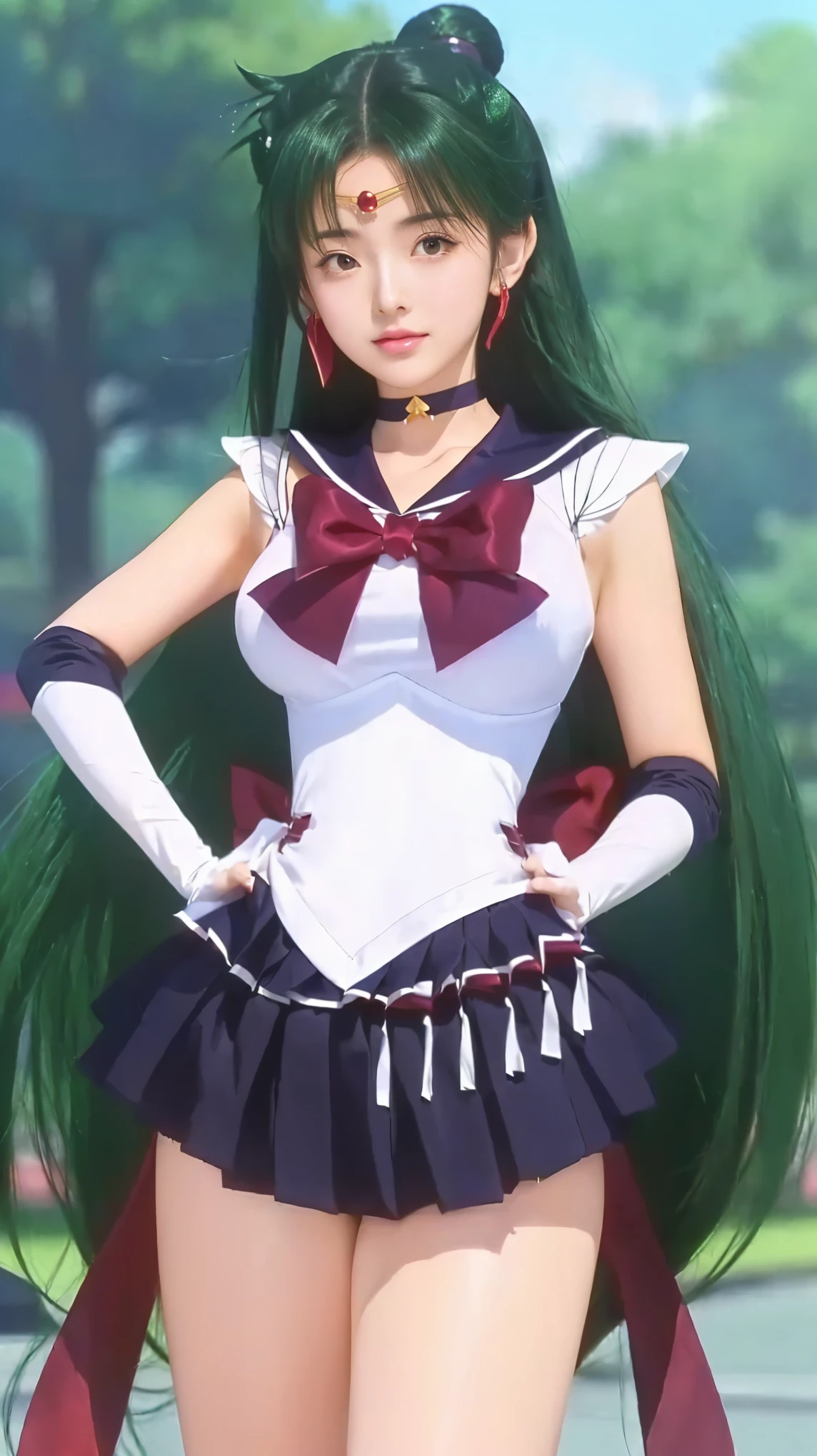 a close up of a woman in a short skirt and a top, as an anime character, rei hino as a princess, female anime character, anime girl named lucy, anime girl in a maid costume, anime character, the sailor pluto. beautiful, but a stern look about her, anime goddess, anime girl of the future, wearing shiny breastplate, realistis best girl