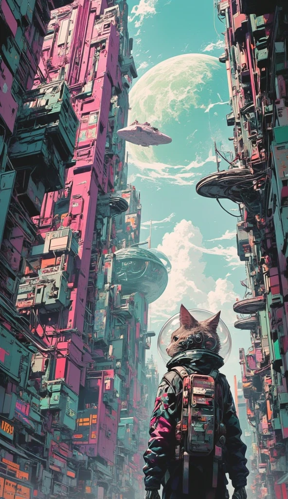 An anime-style scene in a futuristic, cityscape viewed from a very low angle, looking up at the towering, futuristic buildings. The buildings feature surreal elegant structures with futuristic technology. Overhead, there are interconnected bridges and wires stretching across the sky, which is bright with soft clouds. Among the tall buildings, at the bottom right corner of the image stands a cat girl wearing a jetpack and a jacket adorned with patches with fishbowl helmet, with her back to the viewer. She gazes upward in awe, overwhelmed by the towering structures. In the pink sky, there is a giant spaceship, and a giant planet that looks like star wars' death star. The scene is full of vibrant colors and detailed line work, typical of anime-inspired art.