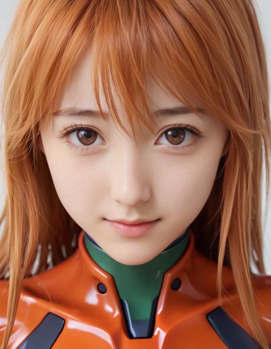  One Girl ,  Souryu Asuka Langley,  Neon Genesis Evangelion,  FRIENDLY , smile,  Japanese ,  close, 8k, born,  top quality,  super real ,  photorealistic, Natural skin,  detailed skin, ( skin dimentation:0.3)
