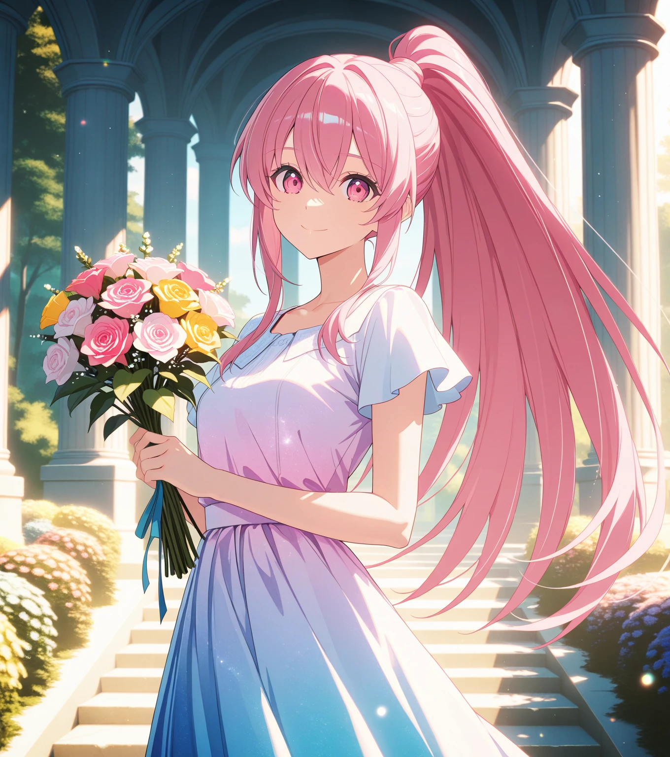 score_9, score_8_up, score_7_up, masterpiece, absurdres, source_anime,safe, rating safe, 1girl, solo, adult, girl focus, adult, very detailed expressive eyes, (very detailed eyes), aesthetic eyes, bright eyes, (bright pink eyes),  pink eyes, beautifully styled hair, very detailed hair, straight hair, bright pink hair, long hair, hair between eyes, (styled ponytail), (slim ponytail), (straight hair), (straight ponytail),styled hair, happy, smiling, looking at viewer, small breasts, shiny skin, healthy skin colour, face focus, perfect face, BREAK
((cosmic printed) summer dress, multicoloured dress), (holding flower bouquet), white-themed temple, garden, half body, cowboy shot, BREAK
HDR, 8K, masterpiece, best quality, amazing quality, very aesthetic, high resolution, ultra-detailed, absurdres, newest, scenery, aesthetic detailed background, very detailed background, best quality, game cg aesthetics, beautiful detailed eyes, detailed skin, detailed hair, light particles,  depth of field, 
(masterpiece), best quality, ultra-detailed, 1024k UHD wallpaper, ultra-high resolution, depth of field, HDR, Ray tracing, RTX, high saturation, photon mapping, best texture quality, best compotitions, (extremely detailed CG 1024k wallpaper), High Details, Detailed face, Detailed Clothes, Perfect Face, expressive eyes, bright colours