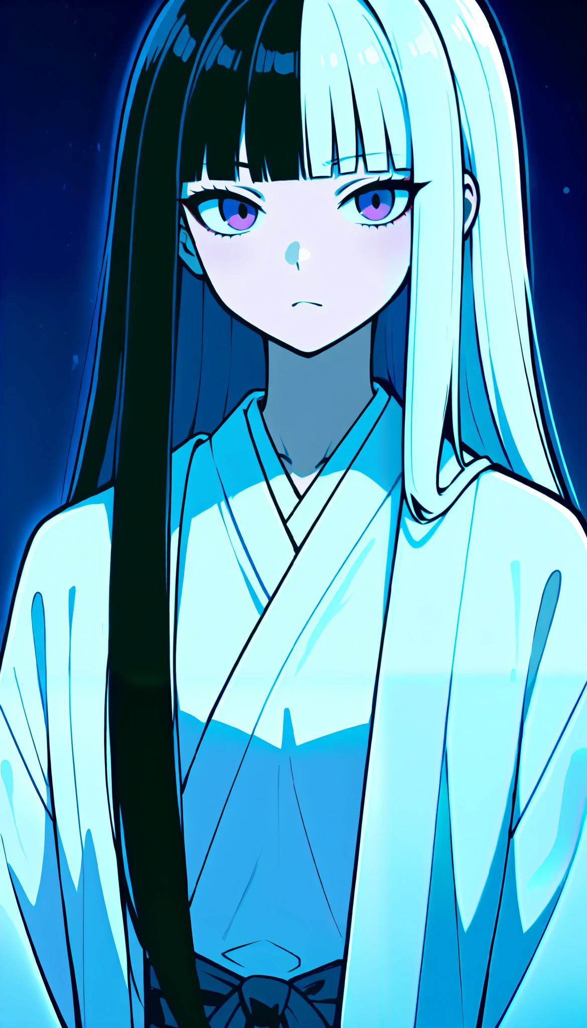 , a woman in a kimono is standing with a white stole,     portrait of Sadako de El Aro    ,     handsome Japanese demon boy    , white hime cut hairstyle    ,     the penetrating gaze of a Yuki-Onna    , Black Hime Haircut,    with long white hair   , Japanese Gothic, The haircut of hime   , Sui Ishida with black hair, loose hair and long robes   , Japanese goddess