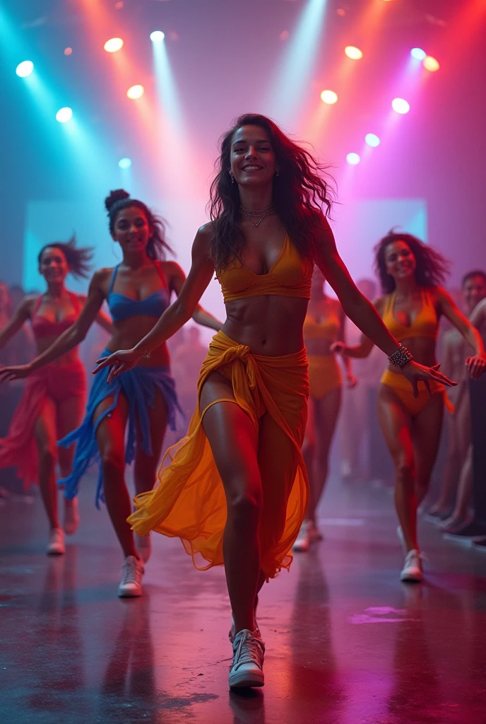 there are three brazilian women in bikini standing on the stage, 1996, 1996, 1980s, in bikini, Posando!!, other women dancing behind, in bikini, wearing spandex bikinis, 1996 decade. Uma mulher com pele branca e cabelos escuros. Ela tem vinte e nove anos. Seu vermelho, slightly plump lips are like a delicate flower, e ela grande, olhos encantadores parecem conter um mundo de maravilhas. Your body exudes glamor and your face is the definition of beauty. Pernas bem torneadas. Altamente realista, pele avermelhada, linda sensual, smiling lips, feeling of lightness and joy, pele muito elaborada, olhar direto, foto de alta qualidade, high resolution, 8k. foto realista, obras-primas.