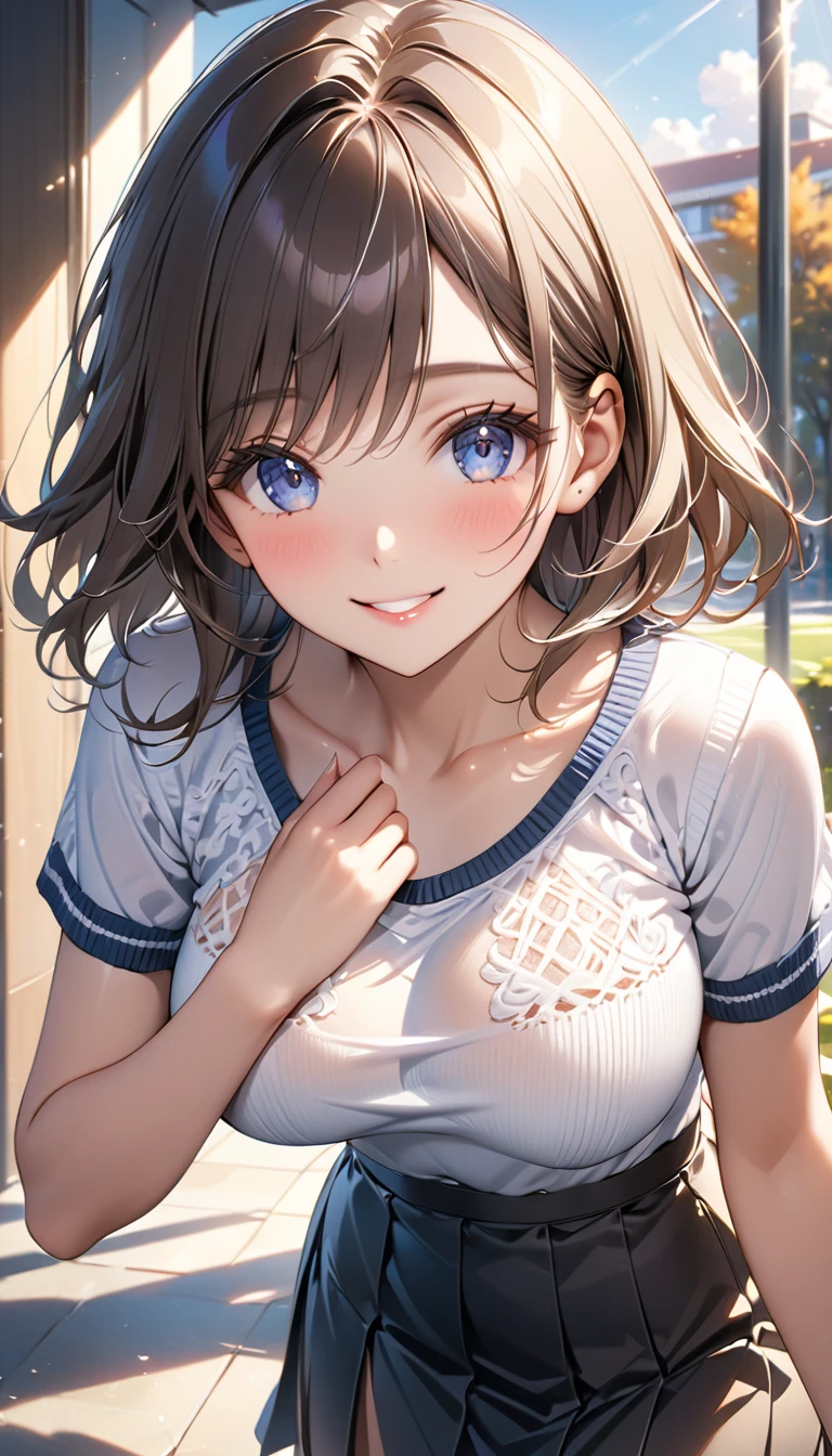 masterpiece, Highest quality, Very detailed, ,The finer details, Anime Style, One Girl, 22 years old, Cute Face、bangs, Large Breasts、Big Ass、Tight waist, front、Long brown hair in a bun、Beautiful Eyes、Light blue eyes, Shiny Hair, Look at the photographer､ とってもCute Face, smile、Model pose、My fingers５Book、 White blouse,denim 、Shallow depth of field、Looking up、Embarrassed face