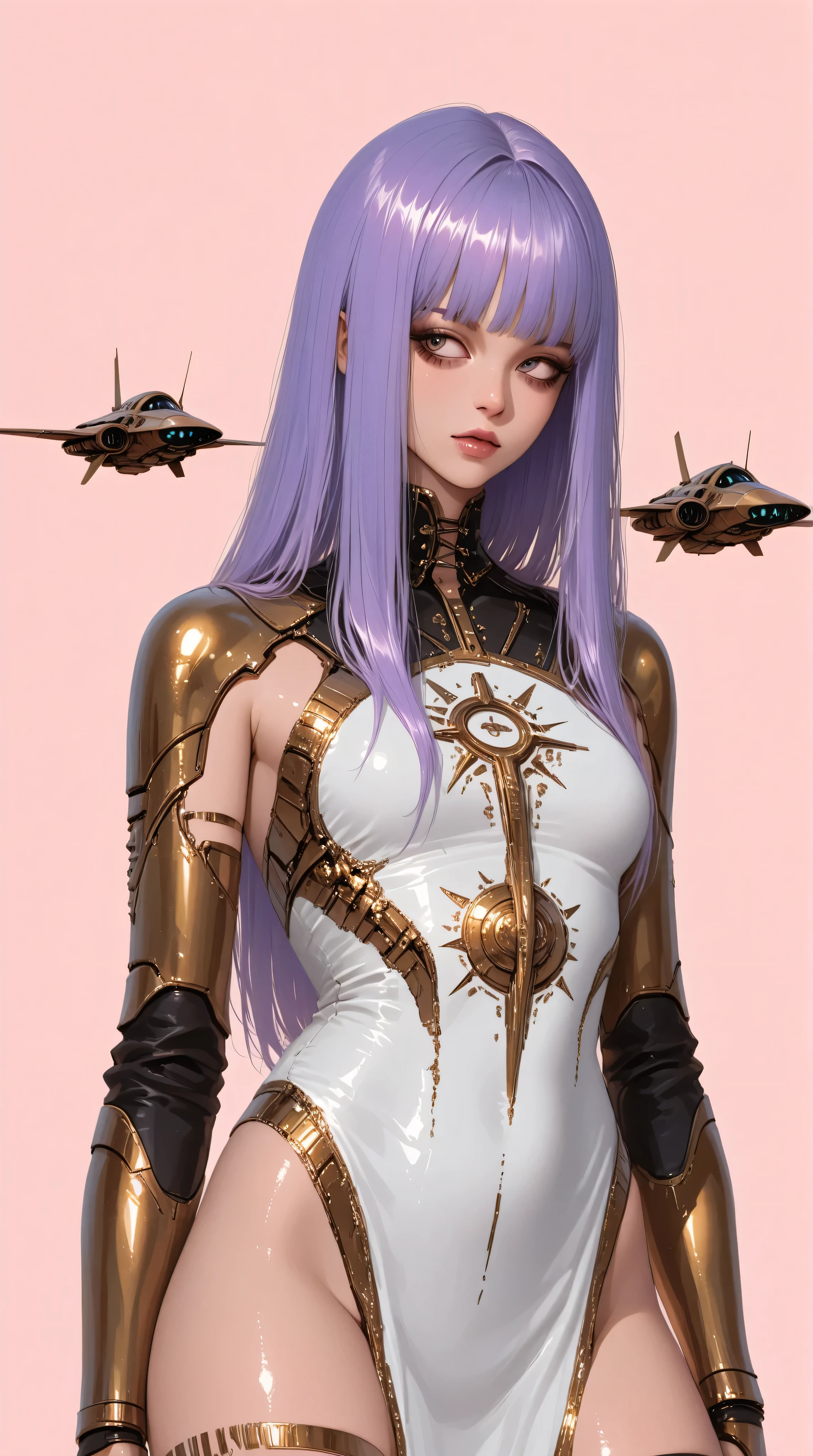 ((best quality)), ((masterpiece)), (detailed), perfect anime waifu girl face, her name is Lovelot, she has long straight purple hair, she wears a white tunic with a series of shapes printed on it that look like code, her skin is brown, shiny skin, her eyes are purple, she's cute but tough, she flies a small pod spaceship that is parked next to her, she has just landed on a strange planet with lots of pyramid like mountains and strange natural structures, surreal, in the illustrative style of moebius, spaceships, aliens, fantasy, sci-fi, graphic novel, line drawing, french retro, Kizi,eyes looking off to side, Highly detailed, Amazing work,Vitreous luster,((clean backdrop)),(((golds))),((purples)), Best quality at best,shiny skin, gold background, pink background,