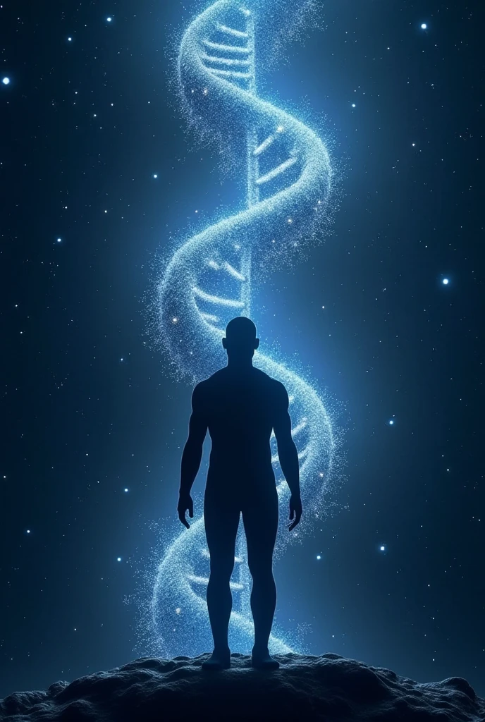 Image of a man with open arms in a position of worship, and his body is an image of DNA