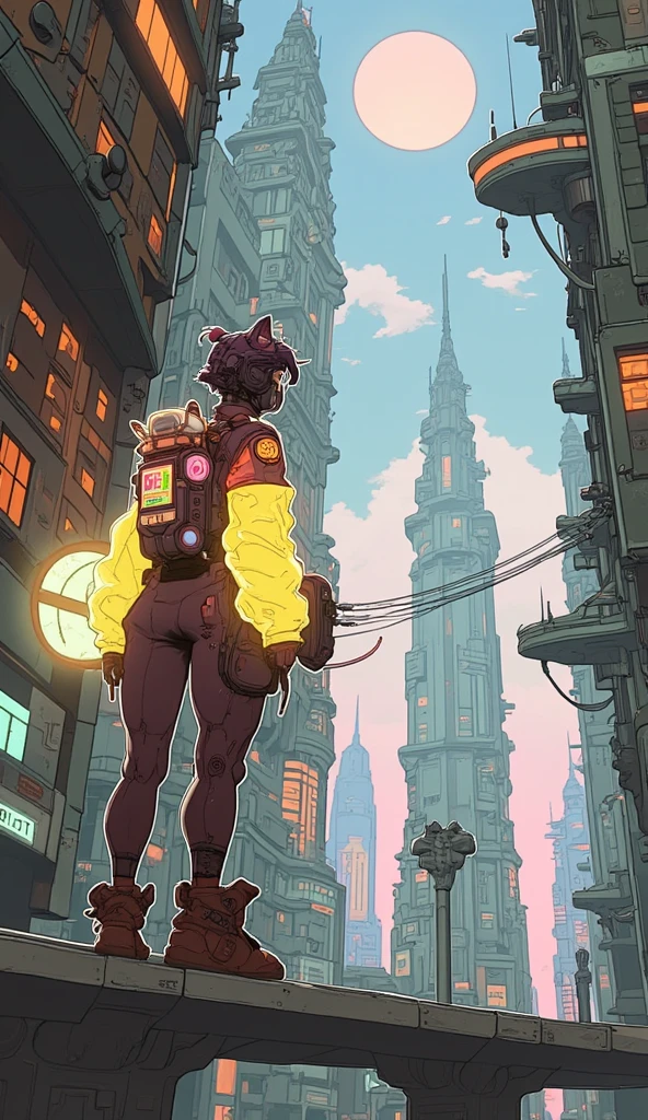 An anime-style scene in a futuristic, cityscape viewed from a very low angle, looking up at the towering, futuristic buildings. The buildings feature surreal elegant structures with futuristic technology. Overhead, there are interconnected bridges and wires stretching across the sky, which is bright with soft clouds. Among the tall buildings, at the bottom right corner of the image stands a cat girl wearing a jetpack and a jacket adorned with patches with fishbowl helmet, with her back to the viewer. She gazes upward in awe, overwhelmed by the towering structures. In the pink sky, there is a giant spaceship, and a giant green planet that looks like star wars' death star. The scene is full of vibrant colors and detailed line work, typical of anime-inspired art.