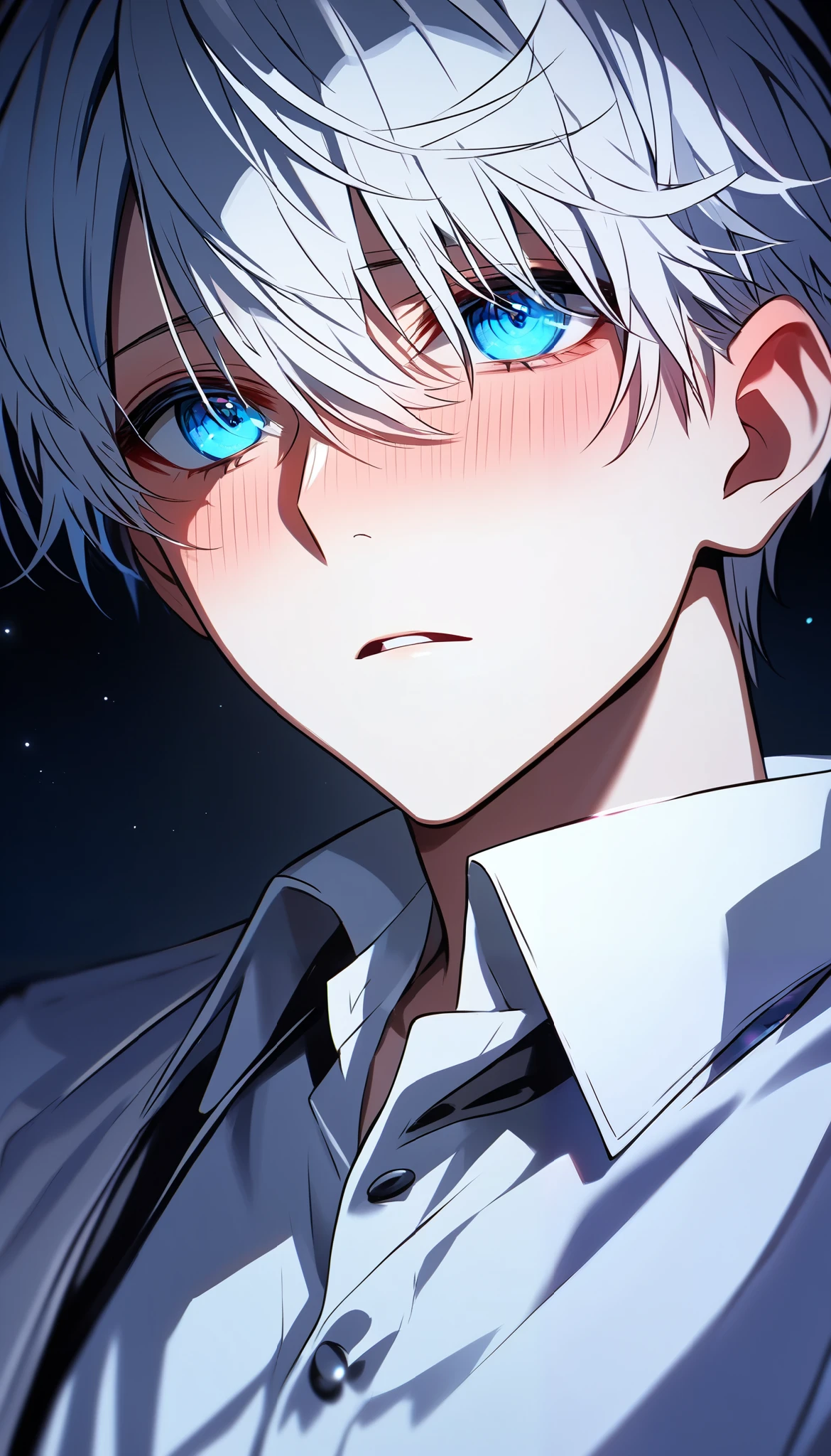 handsome, Alone, 1 male、Attractive eyes、masterpiece, Best quality,He is looking in this direction.、White hair, short hair, Bright, deep blue eyes, Yandere, Moonlight coming in, Light comes in, night, dark atmosphere, dark lighting, Look up, Stylish black and white outfit, questionable, 20s, blush, In love, Inside the office, shy look, ((beautiful eyes, detailed eyes))