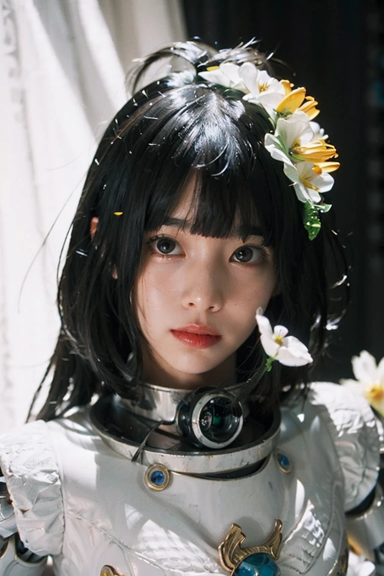 (masterpeace), ((super real photography: 1.5)), ((photo realistic: 1.3)), (real photo), 
young girl with a lot of flowers, ((A young girl robot: 1.5)),  (bust statue: 1.3), 
BREAK
headgear, ((real crystal skin)), ((beautiful face: 1.5)), ((Super cute: 1.5)), ((babyface: 1.5)), ((well-balanced face)), (downcast eyes: 1.5), longeyelashes, stunning big eyes, luscious glossy lips, ((blunt bangs: 1.5)), (long hair), 
BREAK
(slender body: 1.3), petite bust, flower bloom, (flowers: 1.5),
BREAK
octane rendering, Super Detailed armor, 
BREAK
(simple background: 1.3), ((bust shot: 1.3)), cinema quality, professional photograph, (photo studio: 1.5), (Bright Light: 1.2), Eye-Level Shot, wide lens, (fujifilm 35mm), (film photo), RAW, Excessive Embellishment, UHD, 
BREAK
anatomically correct, textured skin, best quality, 8k