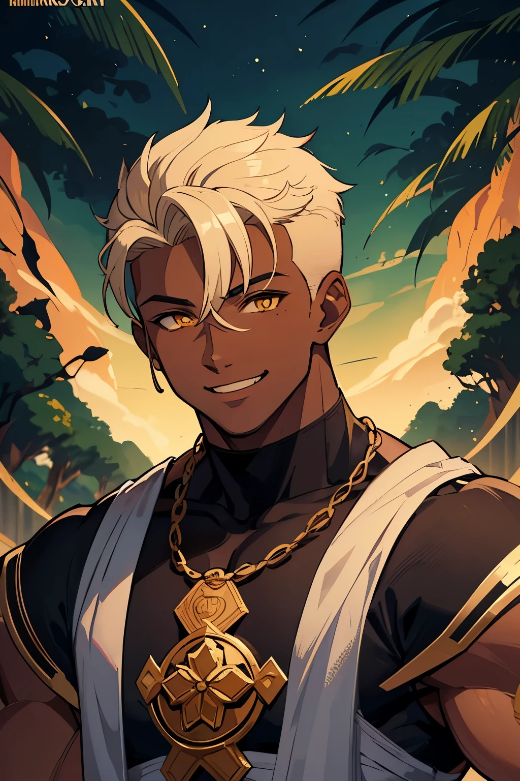 Masterpiece, Best Quality, Ultra-Detailed, 1man, muscular, hunk, black skin, dark skin, tanned skin, light blonde hair, short hair, undercut hair, yellow eyes, monastic clothes, sky monk, dnd monk, looking to the viewer, smiling, forest background, ryan ottley artstyle